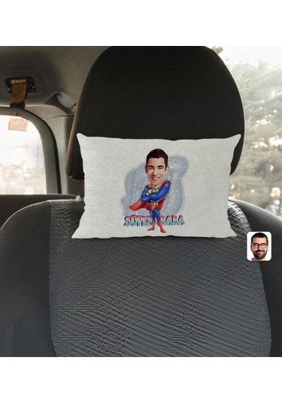 Bk Gift Kişiye Özel Süper Baba Karikatürlü Dikdörtgen Araç Koltuk Yastığı-1 Çok Renkli