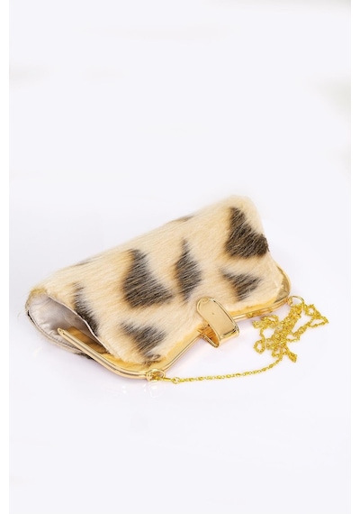 Keyifli Moda Kadın Bej Desenli Suni Kürk Zincirli El Ve Omuz Clutch Portföy Çanta - Bej