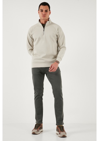 Buratti Pamuklu Relaxed Fit Yarım Fermuarlı Dik Yaka Erkek Sweat 5901232 Taş