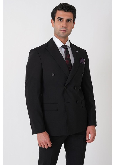 Efor Slim Fit Esnek %97 Yünlü Düz Siyah Kruvaze Takım Elbise Tk 956