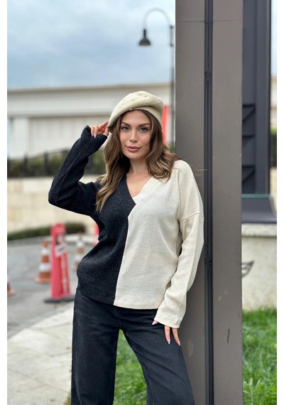 WeShaya Kadın Antrasit & Vizon Günlük Stil V Yaka Bloklu Uzun Kol Kazak Bluz Sweatshirt Antrasit