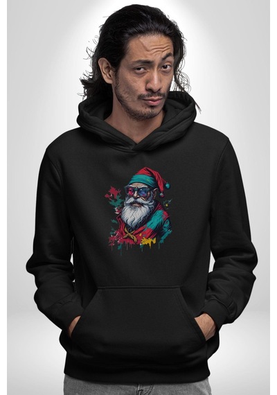 Renkli Noel Baba Yeni Nesil Gözlüklü Kadın Erkek Siyah Kapüşonlu Sweatshirt Hoodie Siyah