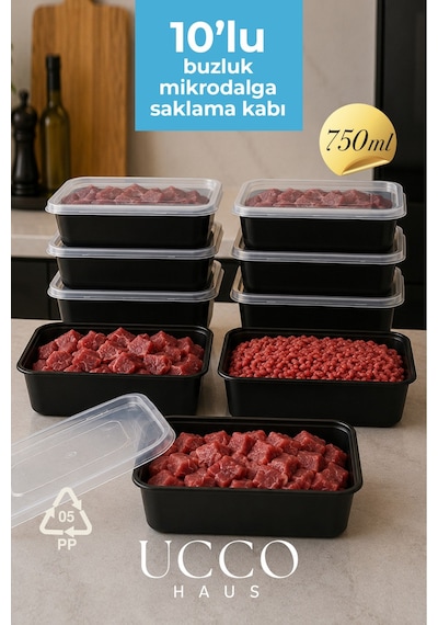 750 Ml Kapaklı Buzluk Mikrodalga Saklama Kabı - 10 Adet- Et, Kıyma, Yemek, Salata Buzdolabı Organizeri Siyah