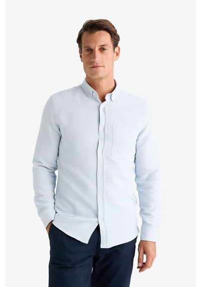 DeFacto Slim Fit Dar Kesim Düğmeli Dokulu Düz Pamuk Karışımlı Uzun Kollu Gömlek T2066AZ24AUBE723