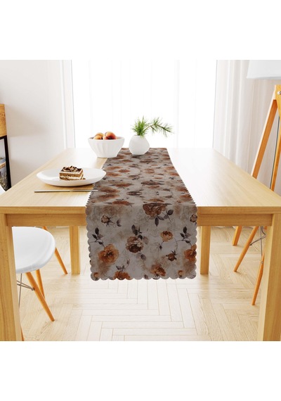 Çiçek Desenli Modern Kestane Renkli Dijital Baskılı Süet Dokuma Runner 40x140