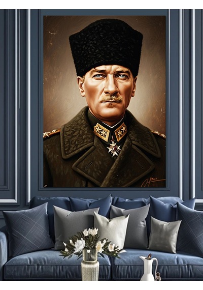 Askeri Kabanlı Mustafa Kemal Atatürk Dekoratif Kanvas - Mdf Ahşap Tablo