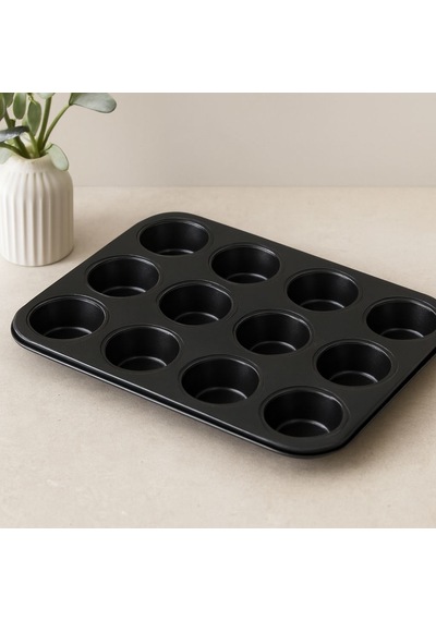 12 Gözlü Metal Muffin Kek Kalıbı - Siyah Düz 26 Cm
