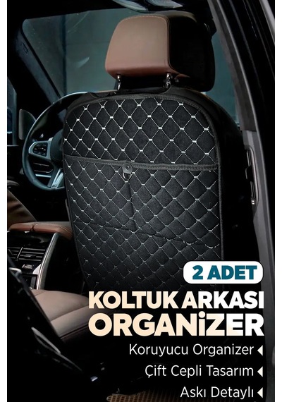 Tay Tüyü Kapitone Oto Koltuk Arkası Koruyucu Organizer - Araç İçi Organizeri Siyah-beyaz 2 Adet