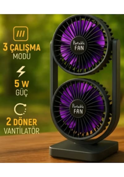 Şarjlı İkili Başlıklı Masaüstü Fan Vantilatör 2400 Mah 3 Kademeli Hız Sessiz Çalışma Döner B