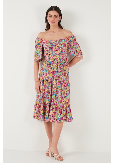 Lela Desenli Oversize Fit Carmen Yaka Büzgü Detaylı Midi Boy Bayan Elbise 67810557 Fuşya