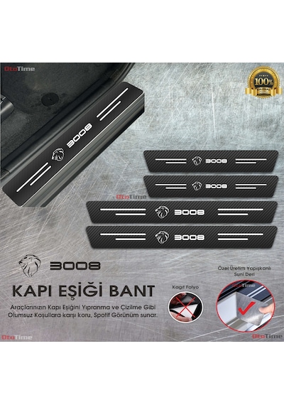 Peugeot 3008 Logolu Karbon Kapı Eşiği Koruyucu Suni Deri 4'lü Set
