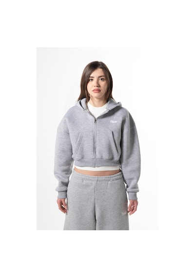 Flaw Nakışlı Zip Crop-28838 Gri Melanj