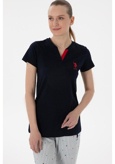 U.s. Polo Assn. Kadın V Yaka Yarım Kollu Patlı Çizgili Pijama Takım lacivert