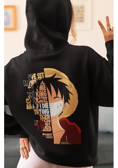 Sevbano Monkey D. Luffy One Piece Anime Sırt Baskılı Unisex Oversize Peny Siyah
