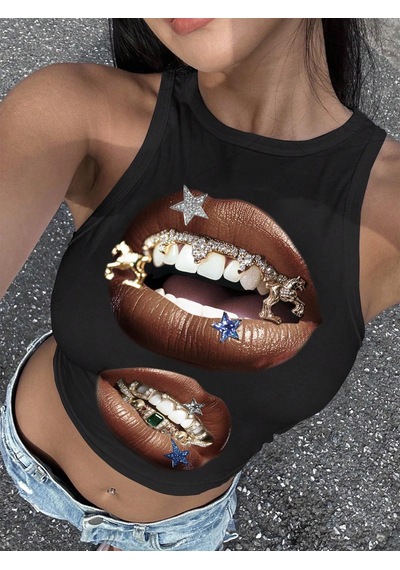 Afri Kadın Siyah Baskılı Crop Atlet Diş Grillz Desenli, Sokak Modası Tarzı Siyah