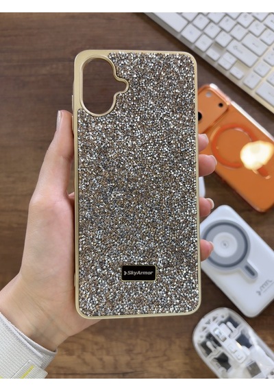 Samsung A07 Uyumlu Kadife İç Yüzey Tasarımlı Taşlı Işıltılı Parlak Pırlanta Kılıf Dia Plus Gold