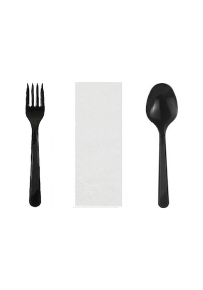 50 Adet Tekli Ambalajlı Siyah Plastik Lüks Kullan At Kaşık, Çatal, Peçete, 3 Lü Yemek Seti Şeffaf