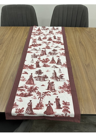 Toile De Jouy Paris Runner 40x110 Cm %100 Pamuk Dijital Baskılı Masa Örtüsü Klasik Fransız Tarzı Masa Dekoru - Zt700 Kırmızı