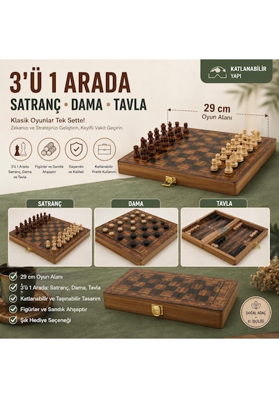 Lüks Ahşap 3ü 1 Arada Satranç Dama Tavla Seti Katlanabilir Kilitli Oyun & Eğlence Takımı 29 Cm