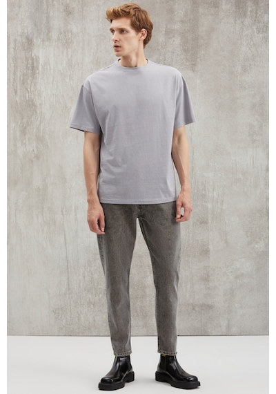 Grımelange Grımelange Sterlıng Erkek Oversize Fit Yagmur Damlacıklı Görüntülü Özel Dokulu Gri T-shirt Gri