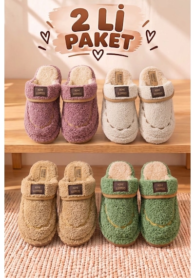 Stwenn 2'li Karma Erkek Kadın Avantajlı Paket Peluş Ev Terliği Kapalı Burun Arkası Açık Sıcak Rahat Panduf 2 Li Linda