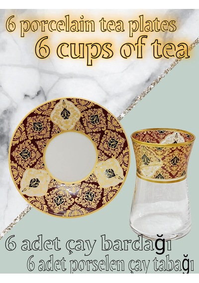 Heybeli Altın Bordo Desenli Cam Porselen Çay Seti 6 Kişilik Tea Set For 6 Persons Premium Porcelain çok renkli