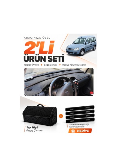 E-biz Opel Combo C 2001-2011 Uyumlu Torpido Örtüsü + Tay Tüyü Bagaj Çantası Seti - Siyah - Op007