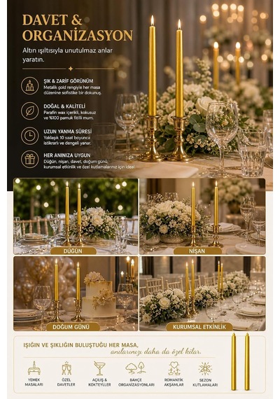 2'li Altın Gold Metalik Şamdan Mum Seti 25 Cm Dekoratif İnce Şamdan Mum, Kokusuz Parafin Wax,%100 Pamuk Fitil, E Çok Renkli