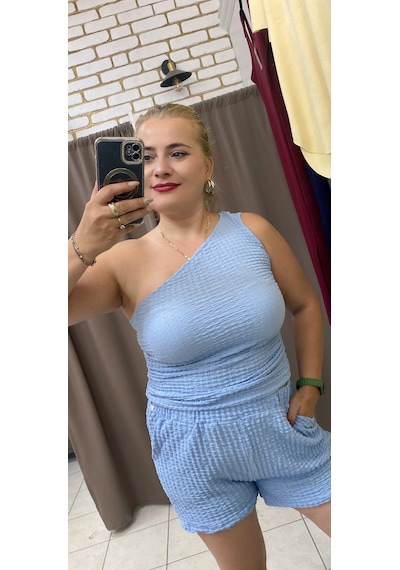 Tuba Toptaş Gofre Şort Lastikli Bel Mavi