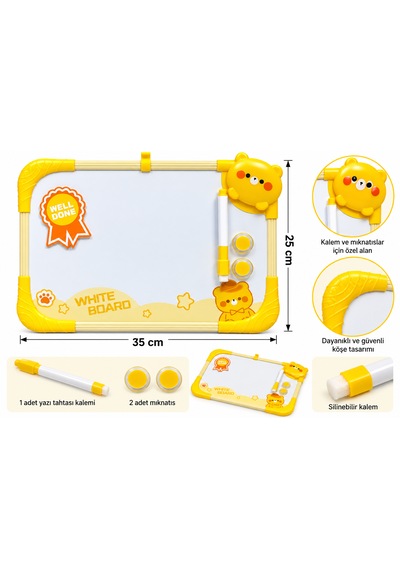 Çocuklar Için Renkli Çerçeveli Beyaz Yazı Tahtası Kalem Ve 2 Mıknatıslı Eğitici Çizim Tahtası 35x25 Cm Sarı