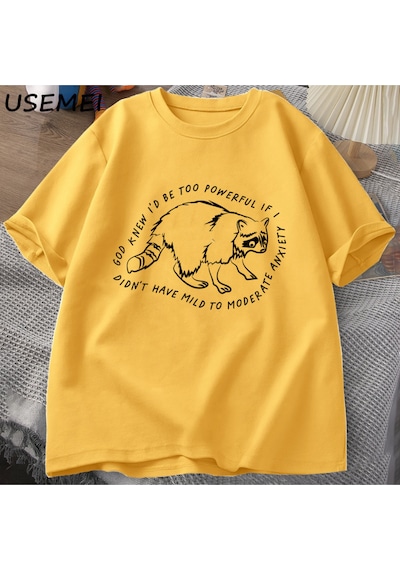 Flood Of Style Tanrı Biliyor Çok Güçlü Olur Rakun Tişörtleri Komik T-shirt Hayvan Baskılı T-shir Sarı