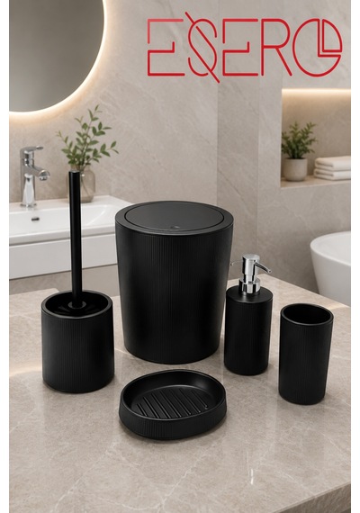 Mat Siyah 5'li Banyo Aksesuar Seti Modern Çizgili Tasarım Çöp Kovası, Wc Fırçası, Sıvı Sabunluk, Diş Fırçalık, Sabunluk