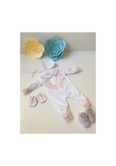 Hayy Baby Kids Wear Beyaz Pembe Dantelli Bebek Tulum Seti