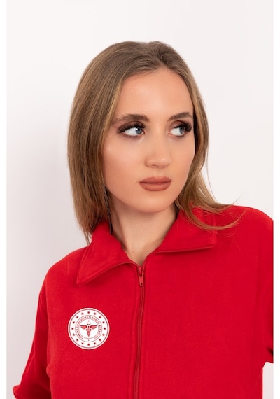 Unisex Kırmızı Renk Sağlık Bakanlığı Logolu Fermuarlı Polar Kırmızı