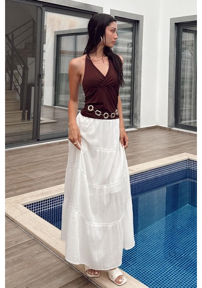 Seeh Beyaz Basic Uzun Pileli Etek Sh159