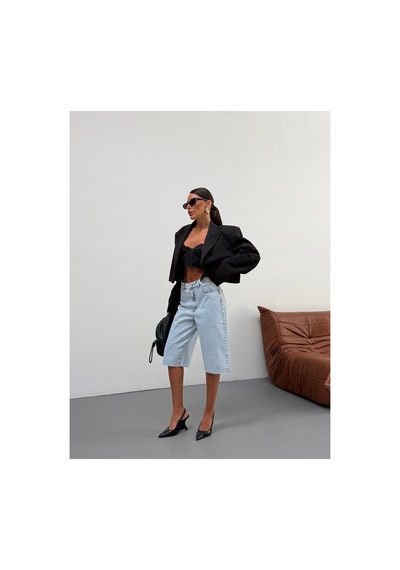 Kene Jeans Buz Kar Paça Kesik Uzun Kot/denim Şort Mavi