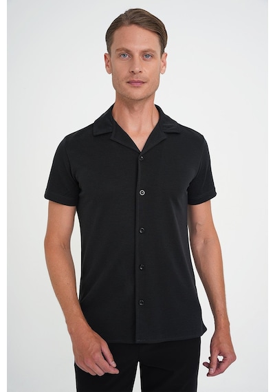 Efor Slim Fit Apaş Yaka Modal Karışımlı Kısa Kol Siyah Gömlek G 1590 Siyah