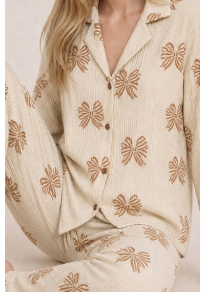 Kadın Uzun Kol Rahat Krem Pijama Takımı 4759