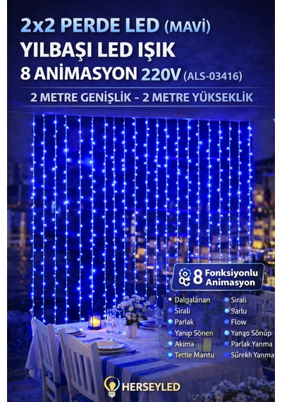 2x2 Perde Led Mavi Yılbaşı Led Işık 8 Animasyon 220v Mavi