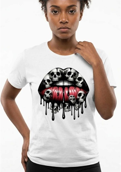 Kadın Kuru Kafa Dudak Baskılı Pamuklu T-shirt Beyaz