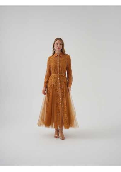 Serpil Exclusive Dantel Ve Tül Detaylı Uzun Kollu Belden Kuşaklı Elbise Camel