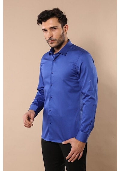 Pamuk Saten Slim Fit Desensiz Mavi Erkek Gömlek 001