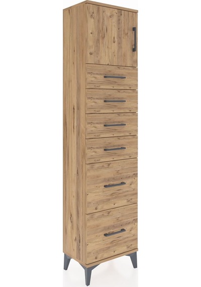 Arges Dolap Tek Raflı 6 Çekmeceli Tek Kapaklı 44x30x182 Çam-çam Çam