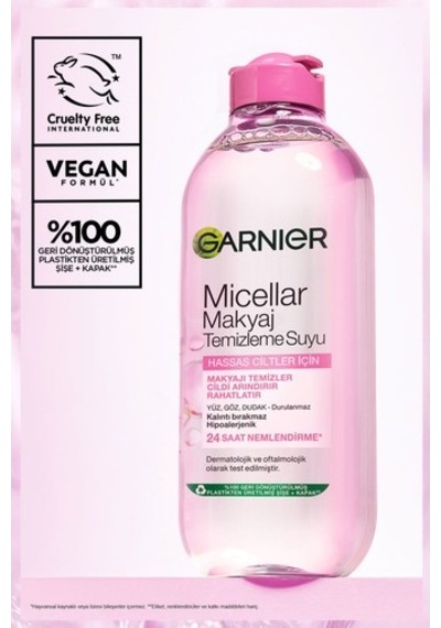 Garnier Micellar Makyaj Temizleme Suyu 400ml, 24 Saat Nemlendirme, Hassas Ciltler İçin