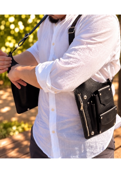 Hemlabel Hakiki Deri Erkek Göğüs Çantası Edc Holster Telefonluk Kişiye Özel El Yapımı Siyah