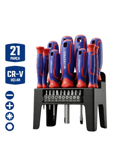 Workpro Wp200551 21 Parça Cr-v Duvar Askı Aparatlı Profesyonel Manyetik Tornavida Seti