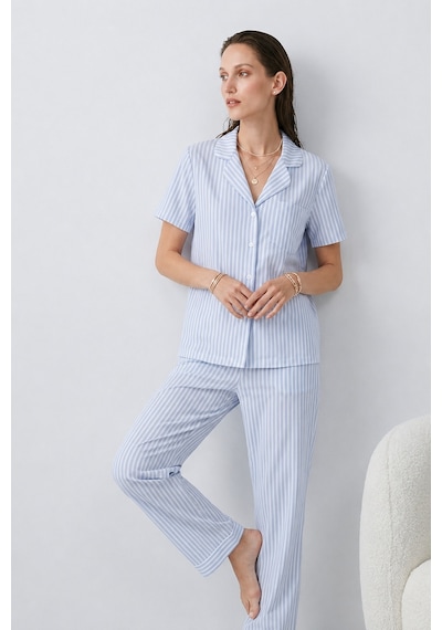 Womanandkids Night Mavi Regular V Yaka Günlük Pijama Takımı