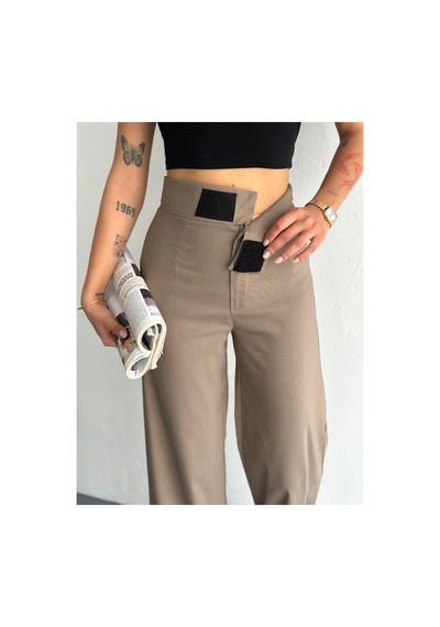 Gugus Kadın Cepsiz Dokuma Kumaş Pantolon Beli Cırtlı Bol Paça Wide Leg Model Vizon