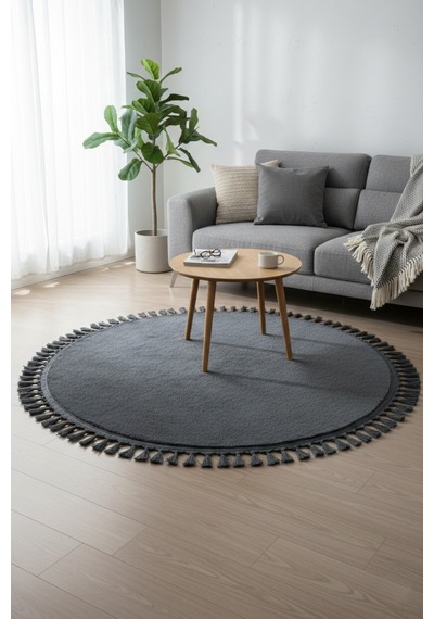 Comfort Yuvarlak Ponpon Saçaklı Peluş Halı Yatak Odası- Çocuk Odası- Antre- Yemek Odası Kaymaz Taban Antrasit