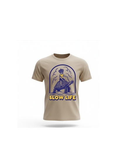 Urbantrendstore Unisex Slow Life Kaplumbağa Oversize Fit Rahat Geniş Salaş T-shirt Günlük Tişört Bej